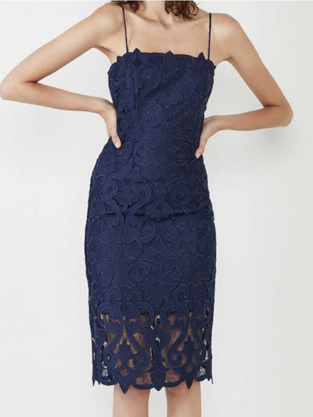 Bardot Women’s Lina Navy Lace Column Shift Square Neck Midi Dress Size 2 NWT